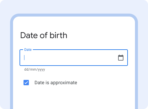 Votre date de naissance. La saisie de date au clavier est active. Icône Agenda à droite du champ de texte La case est cochée, indiquant que la date est approximative.