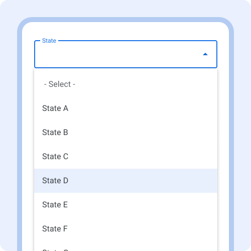 Dropdown for State listing States A-F.