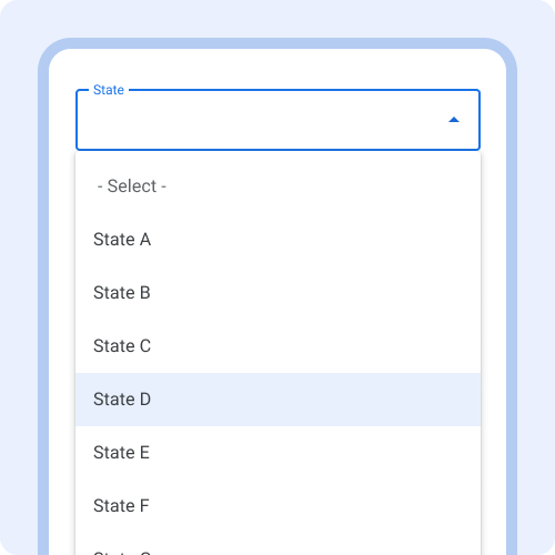 Menu a discesa per gli stati dell&#39;elenco di stato A-F.
