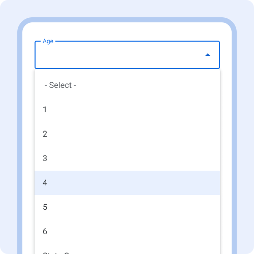 Dropdown for age, listing numbers one through six.