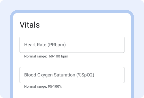 Pod polem tekstowym tętno ma format wpisu: Normalny zakres: 60-100 bpm. Poniżej pola tekstowego Nasycenie krwi tlenem
            Format wpisu wyświetla: Normalny zakres: 95–100%.