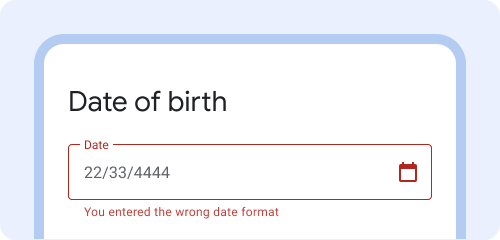 Geburtsdatum Eingegebenes Datum ist 22/33/4444. Die Fehlermeldung lautet „Sie haben das falsche Datumsformat eingegeben“.