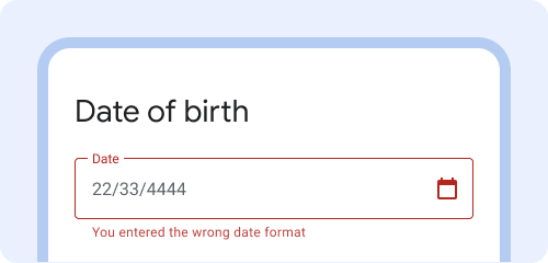 Data di nascita. La data inserita è 22/33/4444. Il messaggio di errore è &quot;Hai inserito il formato data errato&quot;.