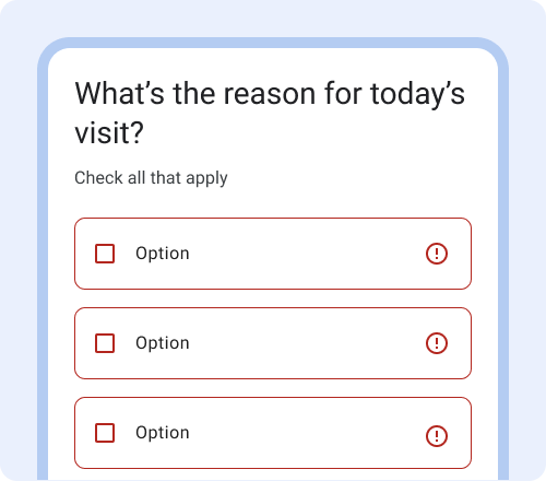 Checkbox containers have a red outline and one error icon displayed
            behind each container. 3 icons are visible.