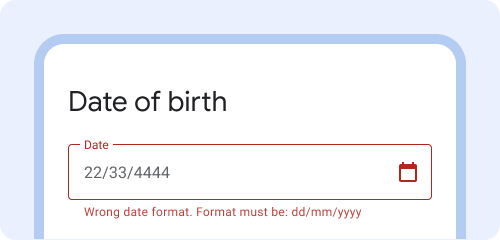 Votre date de naissance. La date saisie est 22/33/4444. Le message d&#39;erreur indique &quot;Format de date incorrect&quot;. Utilisez le format jj/mm/aaaa.