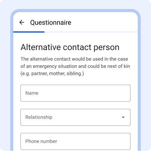 Plusieurs champs de texte regroupés en une seule question. Le titre de la question correspond à une autre personne à contacter. Les champs de saisie comprennent le nom, la relation et le numéro de téléphone.