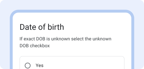 Anleitung: Wenn das genaue Geburtsdatum unbekannt ist, wähle das Kästchen „Unbekanntes Geburtsdatum“ aus.