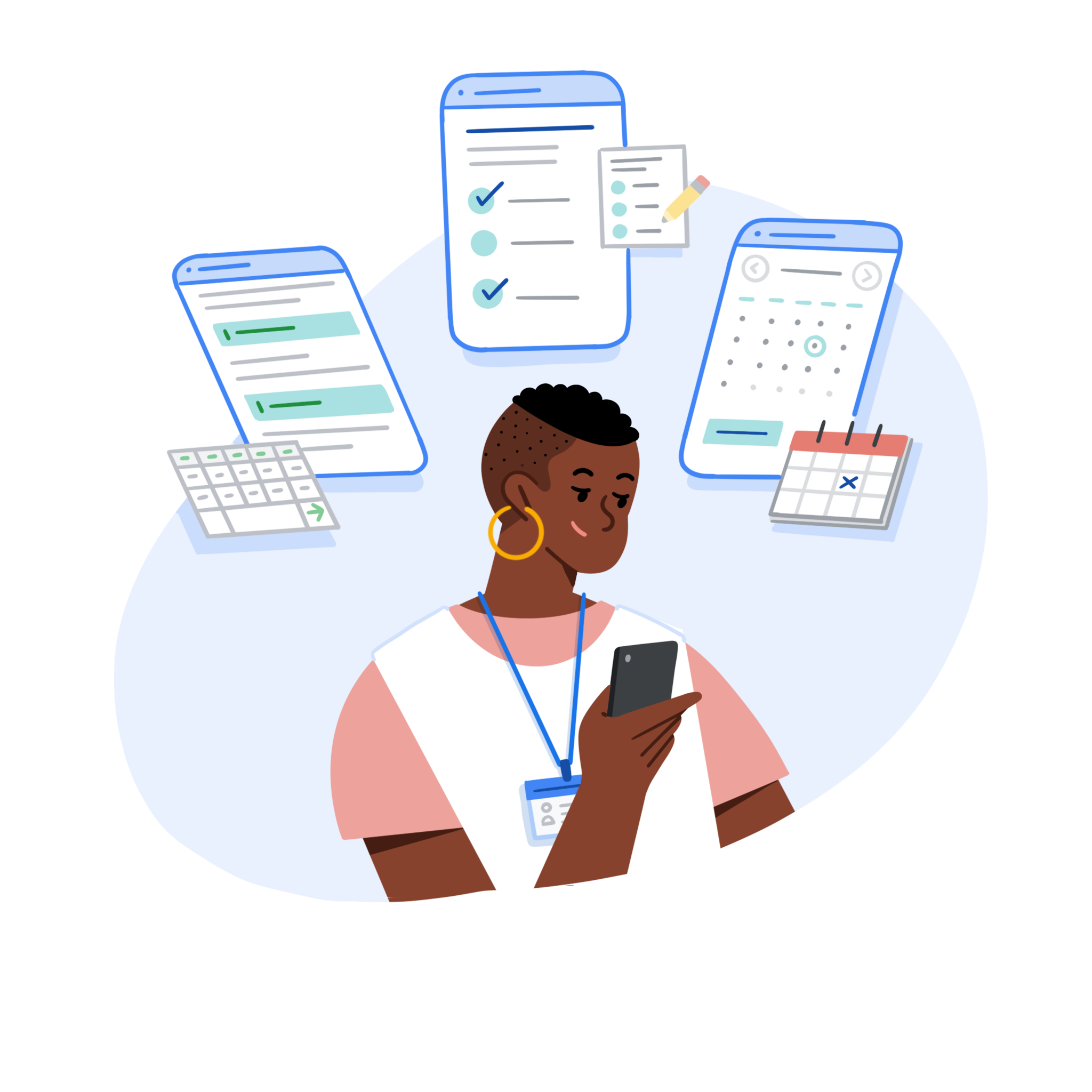 เจ้าหน้าที่สาธารณสุขชุมชนกำลังดูอุปกรณ์เคลื่อนที่