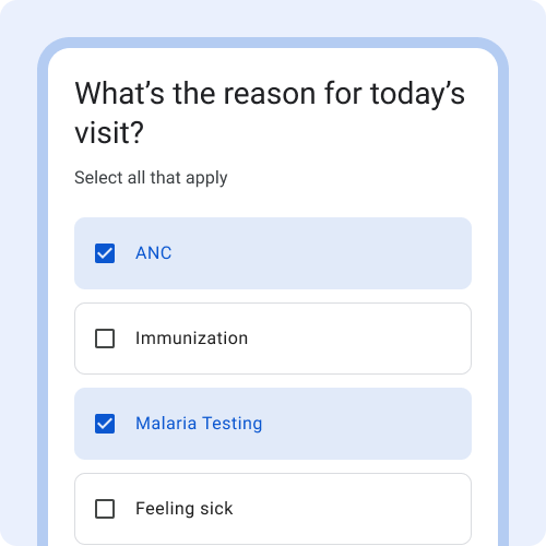 Question title: What's the reason for today's visit? Four checkboxes
            and options shown, one on each row.