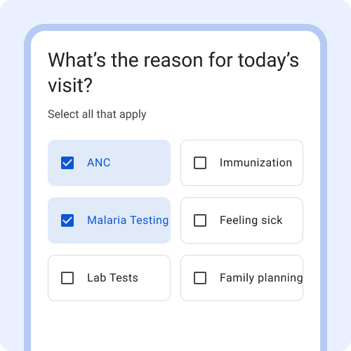 Question title: what's the reason for today's visit. Six checkboxes
            and options shown, two on each row. Some text is cut off for two of
            the options.