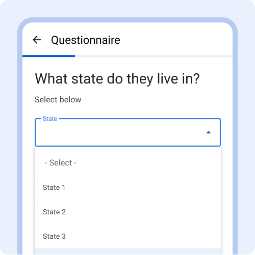 Question paginée &quot;Dans quel état réside-t-il ?&quot; avec des sélections déroulantes.