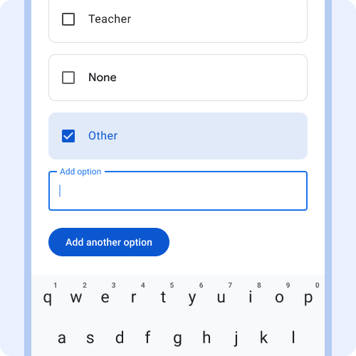 Other is selected. Text field for adding free text is active.
            Keyboard is visible.