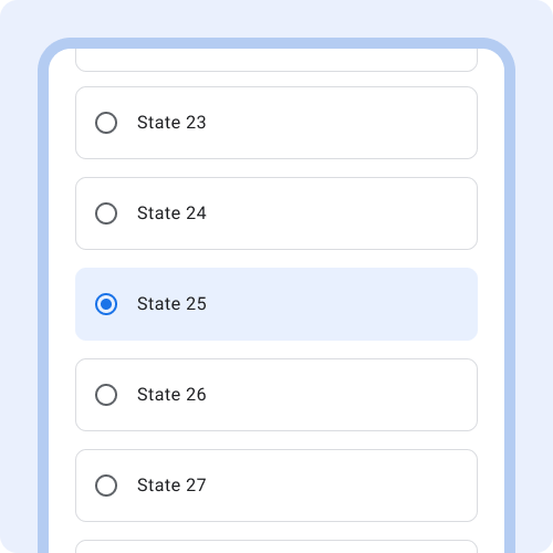 Single choice list showing a very long list of states. States 23-27
            are visible.