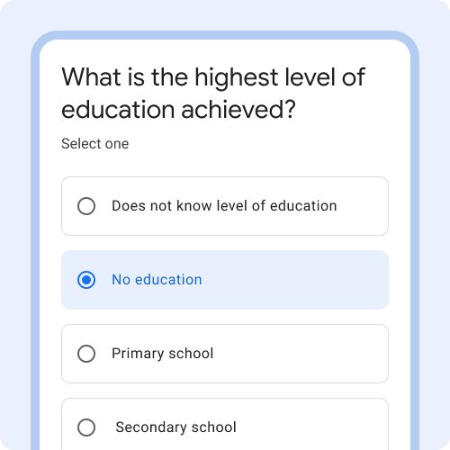 Titel der Frage: Was ist der höchste erreichte Bildungsabschluss?
            Single-Choice-Optionen sind: 1. Weiß nicht 2. Keine Ausbildung

            3.  Grundschule 4. weiterführende Schule.