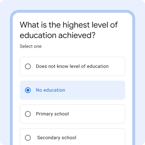 Titre de la question: Quel est le plus haut niveau d&#39;études atteint ?
            Les options à choix unique sont les suivantes: 1. Ne sait pas 2. Aucun niveau d&#39;études

            3.  école primaire 4. école secondaire.