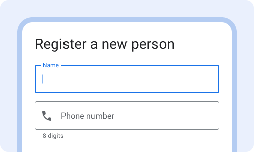 Question title: register a new person. Text field 1: name. Text
            field 2: phone number.