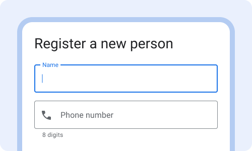 Título da pergunta: &quot;Registrar uma nova pessoa&quot;. Campo de texto 1: nome. Campo de texto 2: número de telefone.