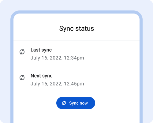 History showing last sync timestamp and next sync timestamp.