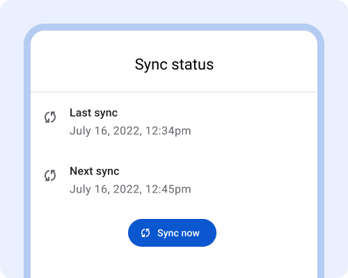 Historique indiquant le code temporel de la dernière synchronisation et celui de la prochaine synchronisation.