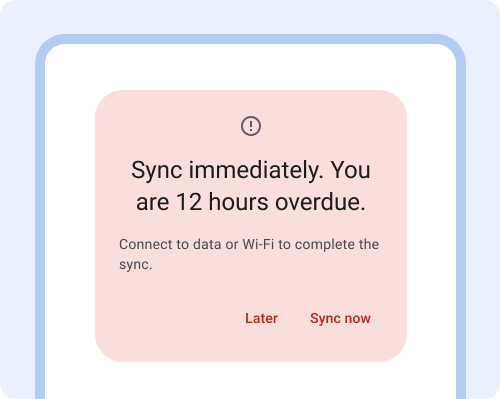 Okno. Synchronizuj natychmiast. Masz 12 godzin opóźnienia. Aby dokończyć synchronizację, połącz się z internetem lub Wi-Fi. Przycisk: Później, Przycisk: Synchronizuj teraz.