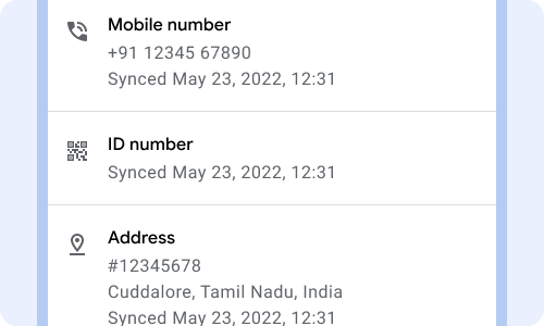 The sync timestamp May 23, 2022, 12:31, is shown on each row of content on the patient card. For example for mobile number, ID number and address.
