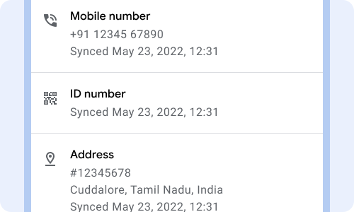 Il timestamp di sincronizzazione del 23 maggio 2022 alle ore 12:31 è riportato su ogni riga di contenuti sulla scheda del paziente. Ad esempio, numero di cellulare, numero ID e indirizzo.