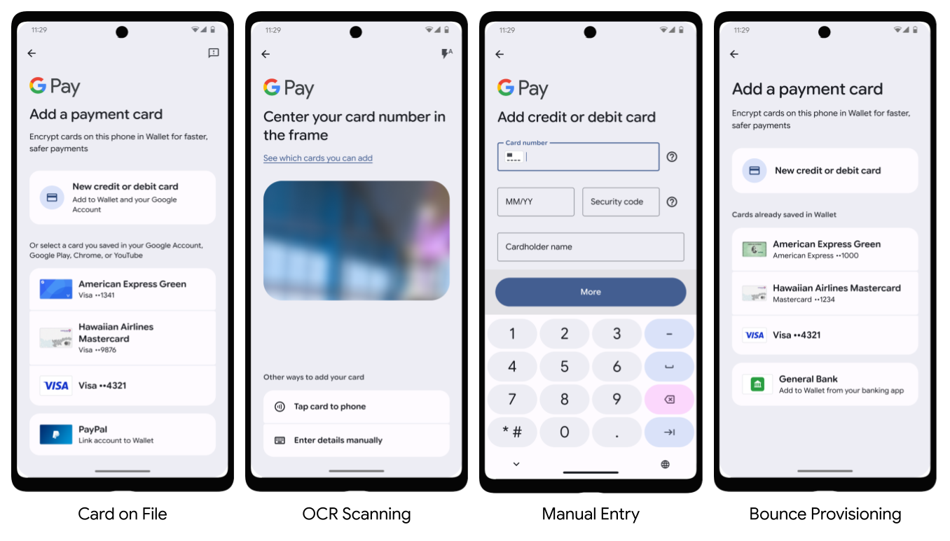 Adición de tarjetas a Google Pay con tres métodos diferentes: tarjeta registrada, escaneo con OCR, ingreso manual y Bounce Provisioning