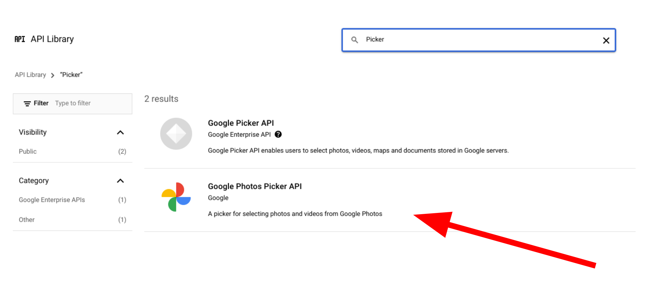 Снимок экрана с API-интерфейсами выбора в Google Cloud консоль
