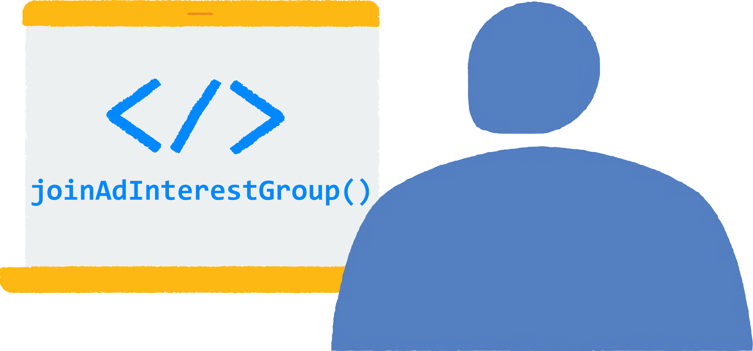 Un usuario abre un navegador en su laptop y visita un sitio. Se está ejecutando en el navegador el código JavaScript para unirse a grupos de interés de anuncios.