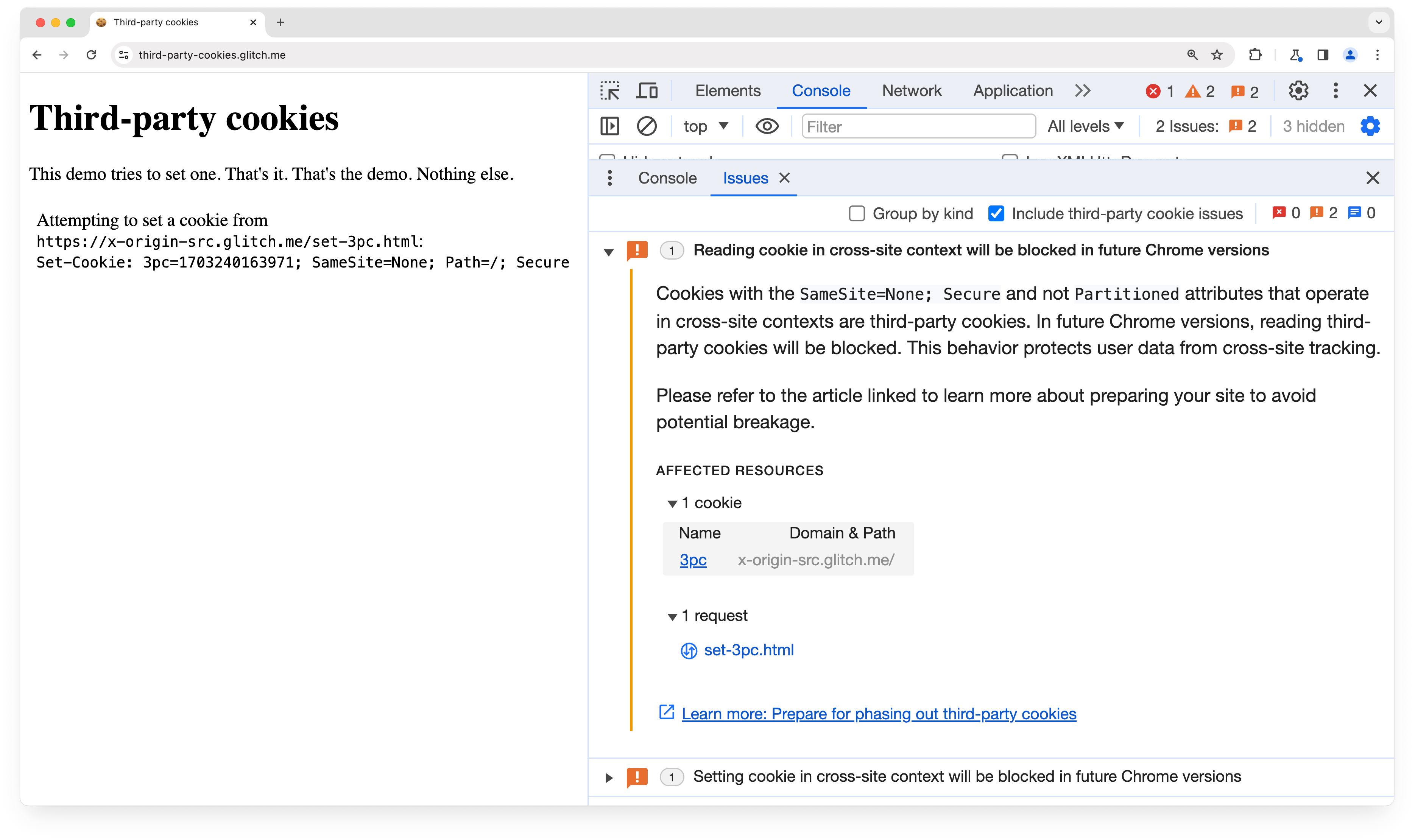 Guia &quot;Problemas&quot; do DevTools mostrando um aviso de cookies SameSite=None.