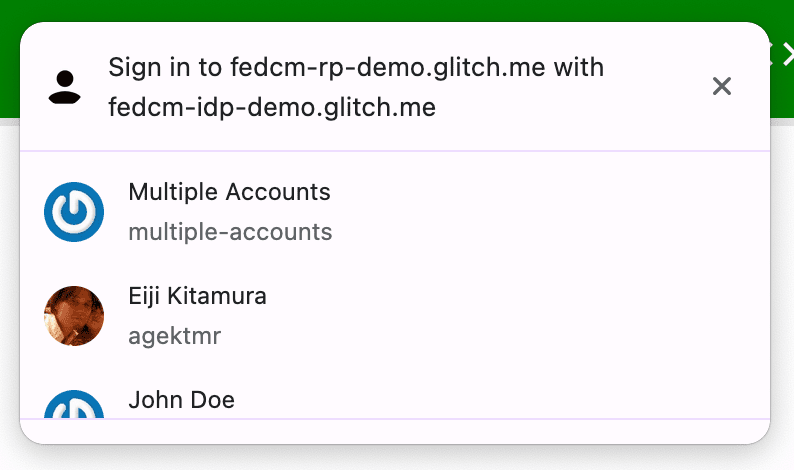 A FedCM dialog showing multiple user accounts.