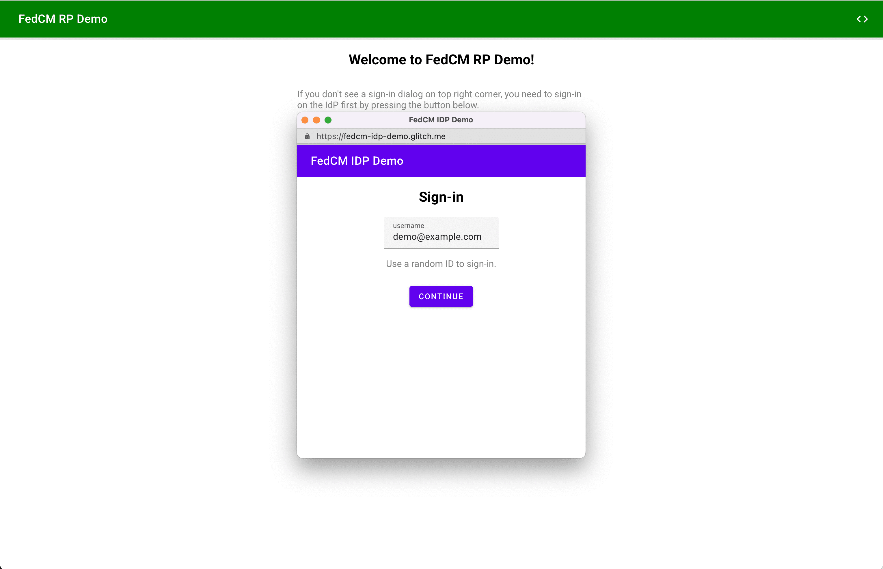A popup window shown after clicking on the sign in to the IdP button.