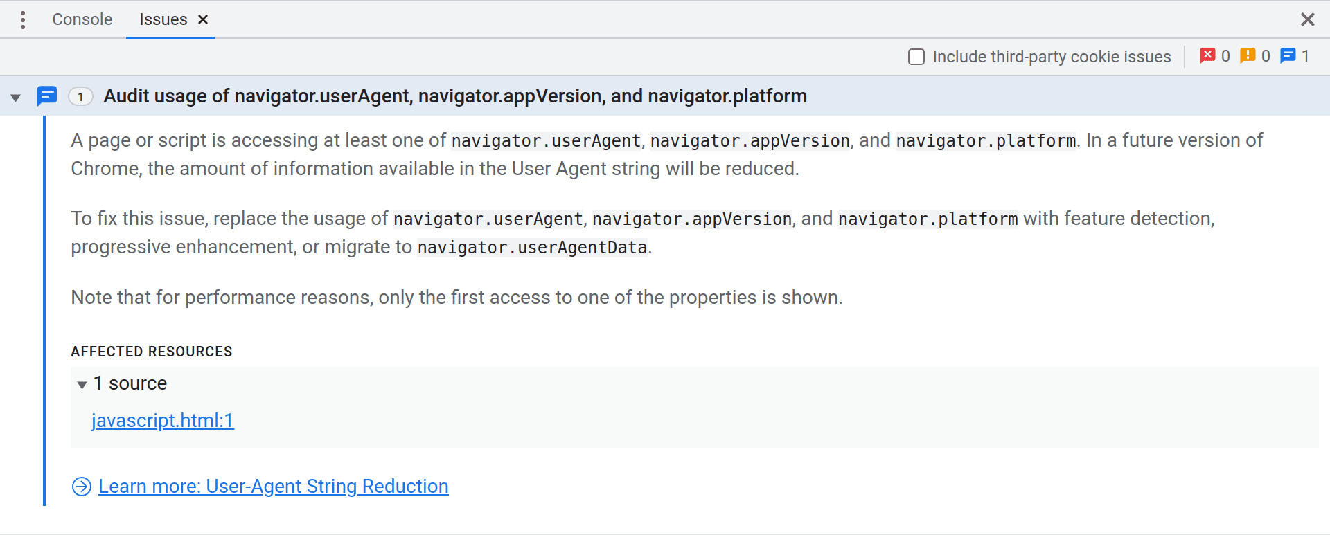 Panel Issues DevTools yang menampilkan masalah Peningkatan yang menyarankan developer
untuk mengaudit penggunaan navigator.userAgent, navigator.appVersion, dan
navigator.platform