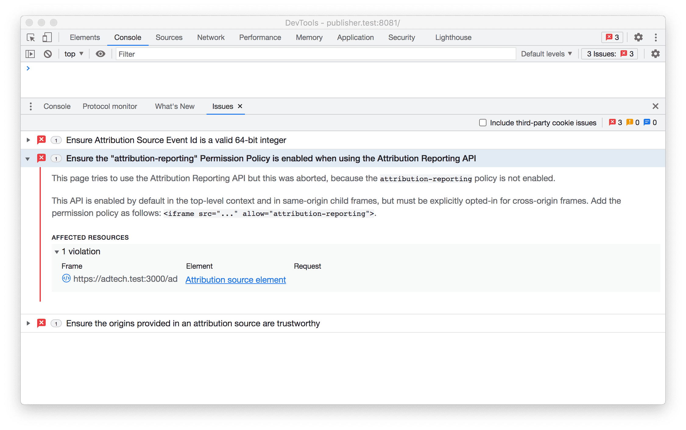 لقطة شاشة لـ &quot;أدوات مطوري البرامج&quot; تعرض مشاكل في Attribution Reporting API