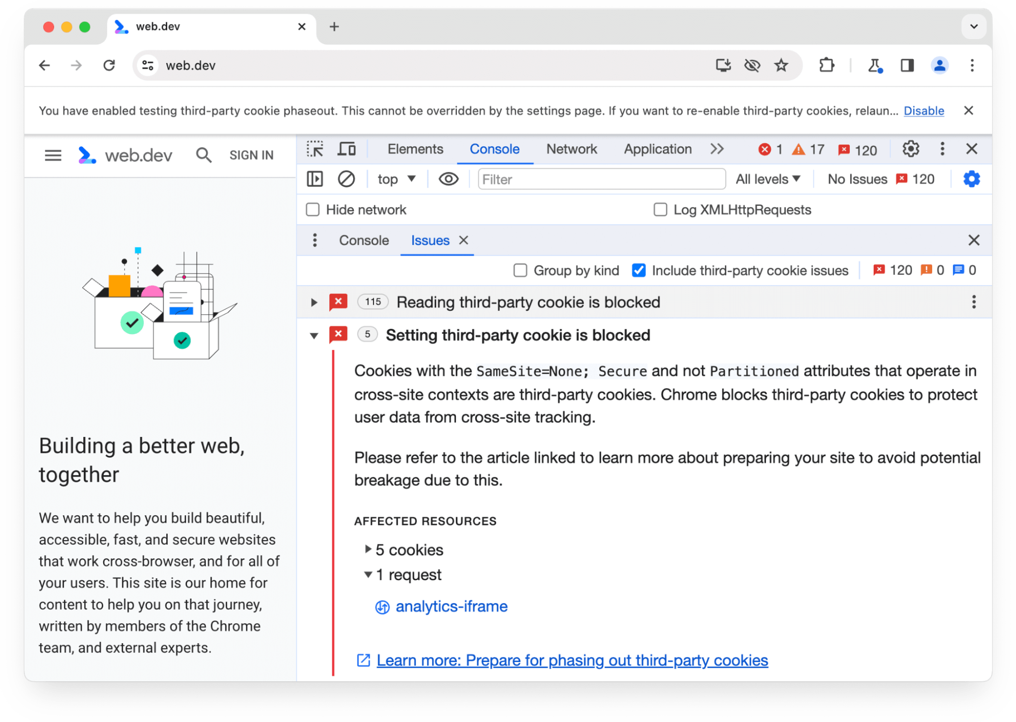 Panel Chrome DevTools Issues memperingatkan sekitar 5 cookie pihak ketiga yang telah diblokir untuk 1 permintaan.
