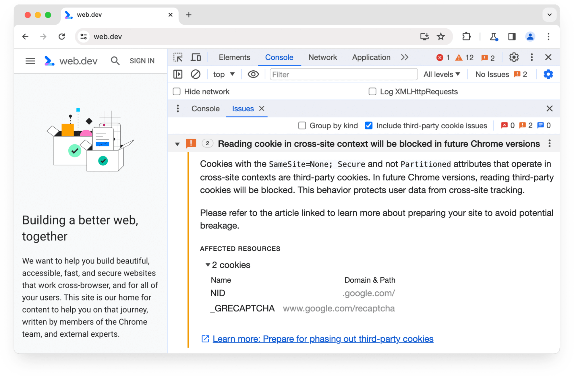 בחלונית הבעיות בכלי הפיתוח ל-Chrome מוצגת אזהרה לגבי שני קובצי cookie של צד שלישי שייחסמו בגרסאות עתידיות של Chrome.