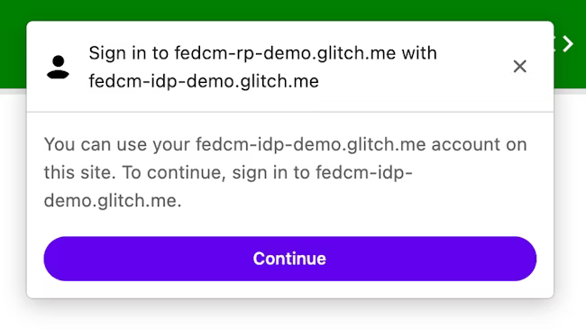 Uma caixa de diálogo do FedCM sugerindo fazer login no IdP.