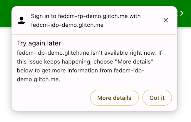 Una finestra di dialogo FedCM che mostra il messaggio di errore dopo che il tentativo di accesso dell&#39;utente non va a buon fine. La stringa è associata al tipo di errore.