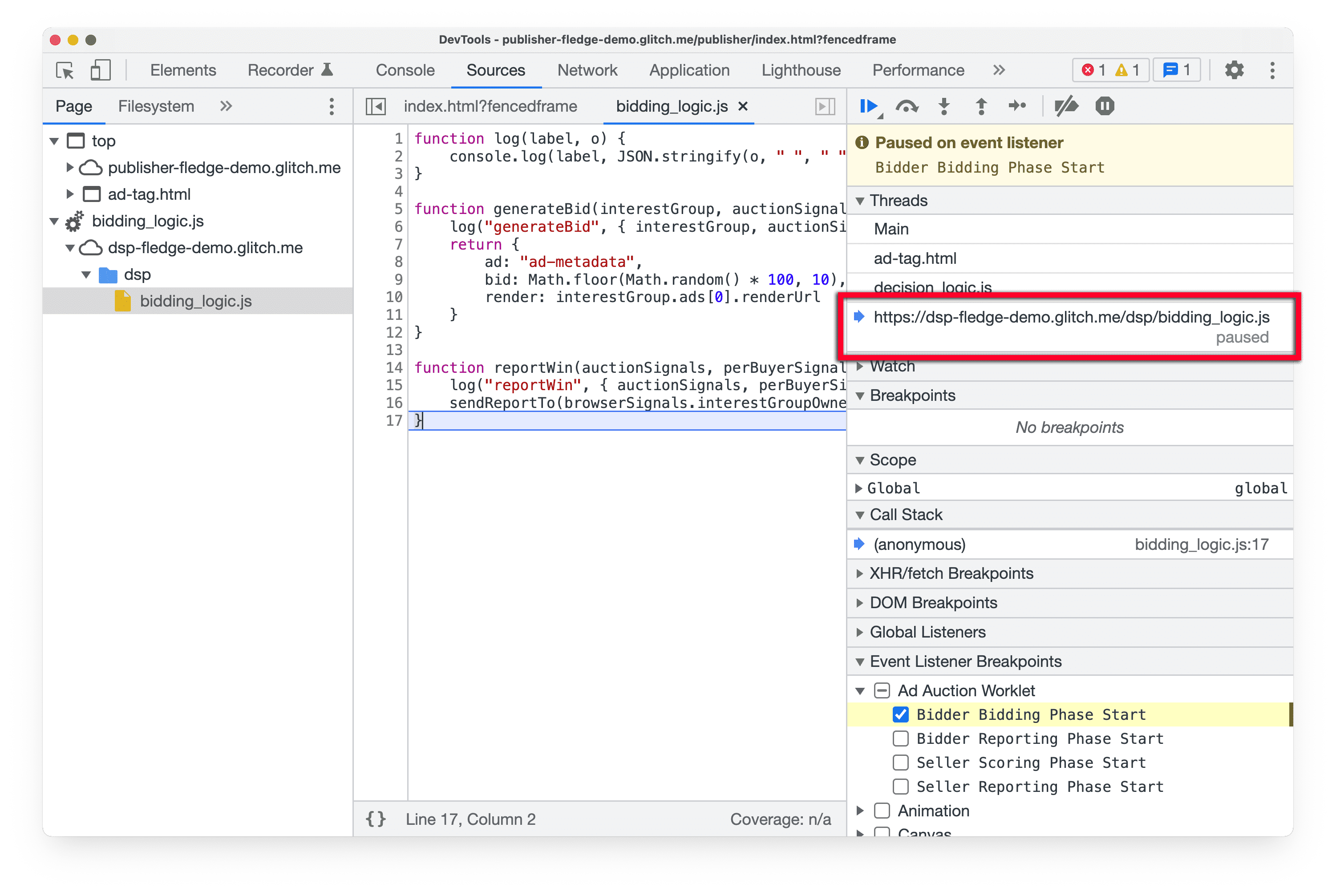 Снимок экрана DevTools в Chrome Canary, на котором выделена панель «Потоки» на панели «Источники» и показан текущий сценарий рабочего листа, который был приостановлен.
