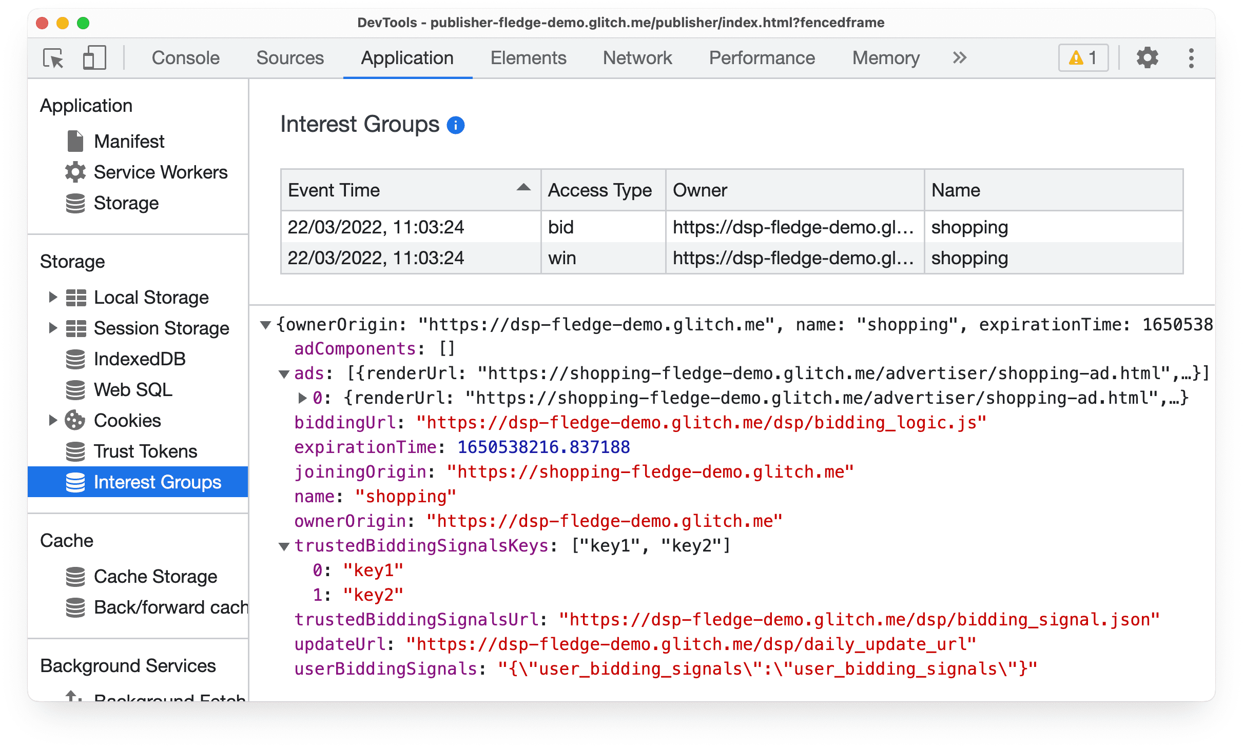 Chrome Canary の DevTools の [Application] パネル。Protected Audience のオークション入札と落札イベントに関する情報が表示されている。