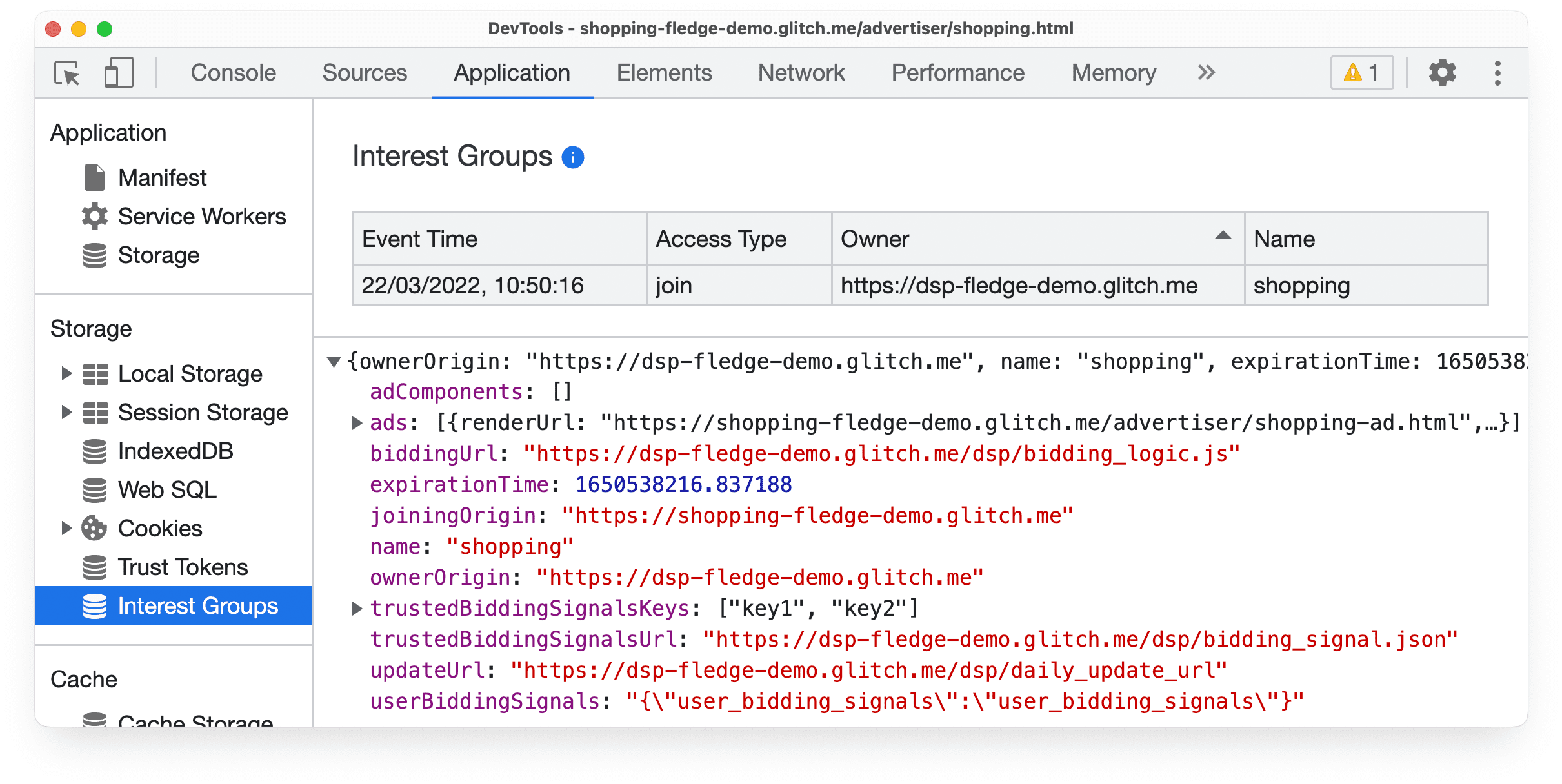 The
   DevTools Application panel in Chrome Canary, showing information about a Protected Audience interest group
   join event.