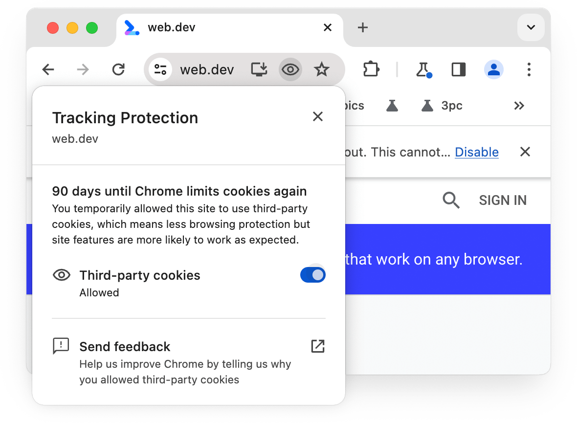 Tracking protection dialog with the Third-party Cookies toggle set to Allowed and a notice that this will be allowed for 90 days.
