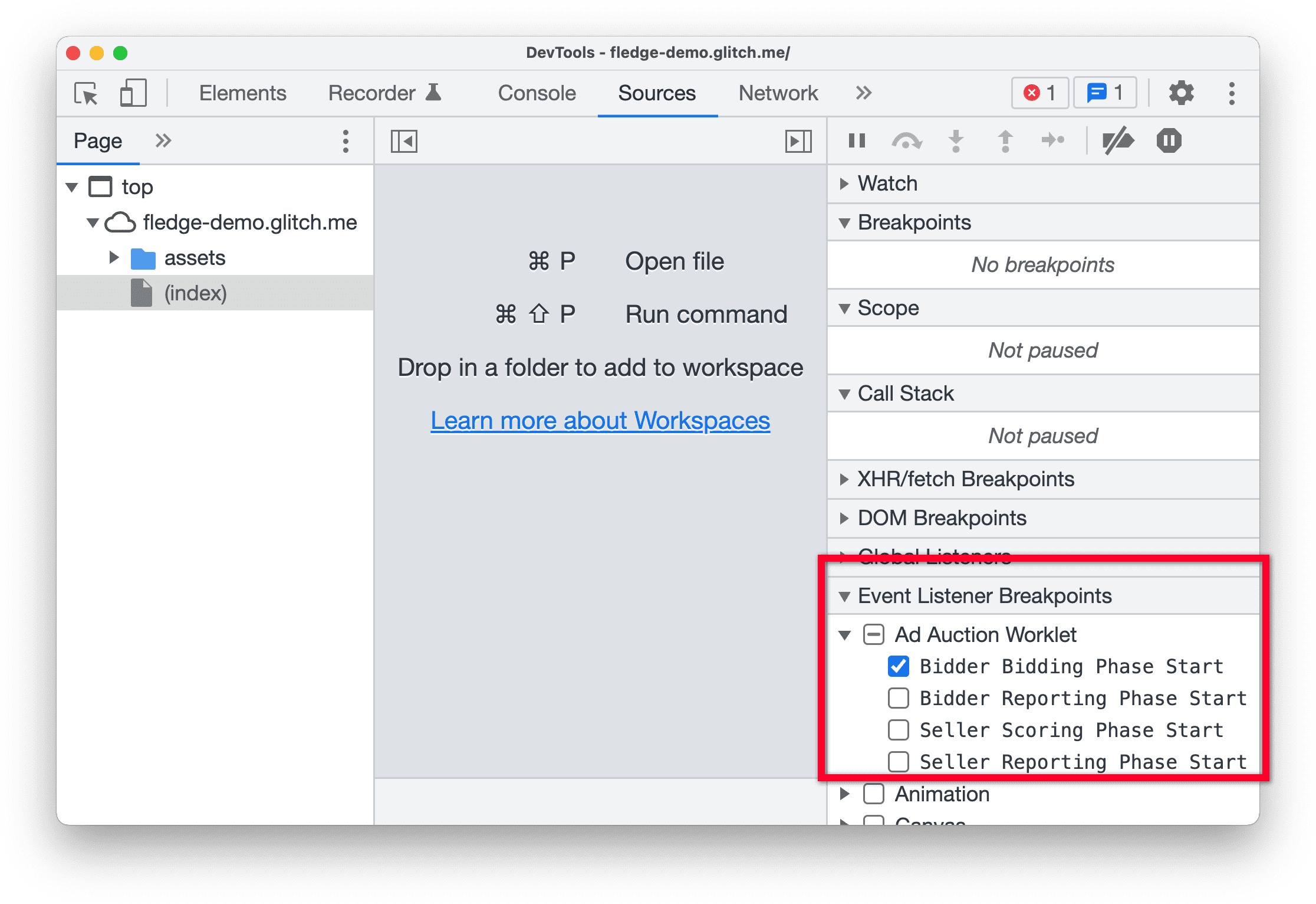 כלי פיתוח ב-Chrome Canary, שמדגישים את החלונית Event Listener Breakpoints בחלונית &#39;מקורות&#39;. תחילת שלב הבידינג של מגיש הצעות המחיר נבחר במסגרת worklet של מכרז מודעות.