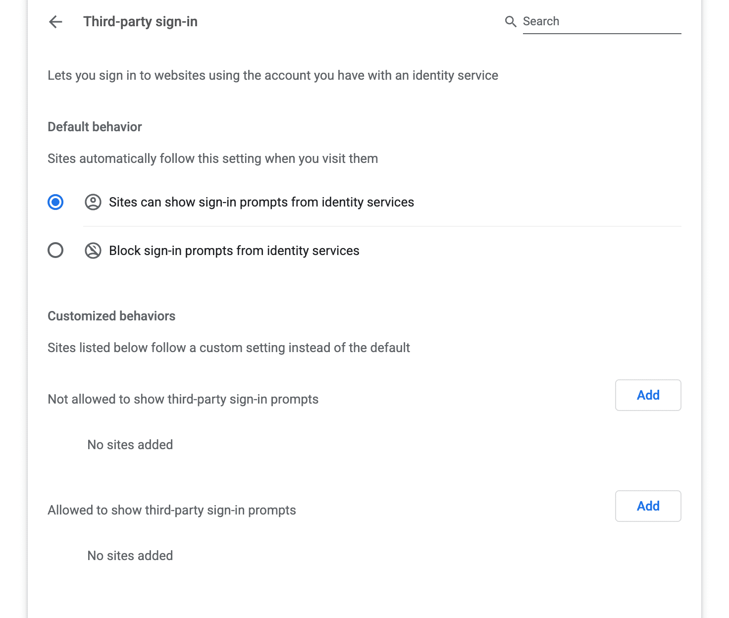 Enable FedCM in Chrome Settings on desktop by toggling on Third-party sign-in