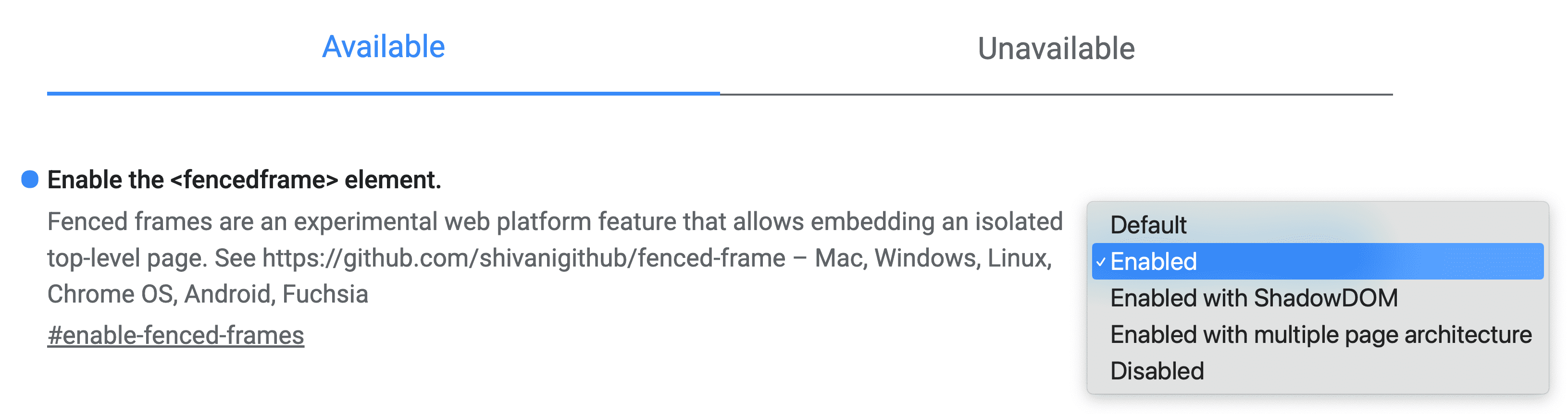 Chrome の試験運用版画面で、「フェンス付きフレーム要素を有効にする」というフラグを「有効」に設定します。