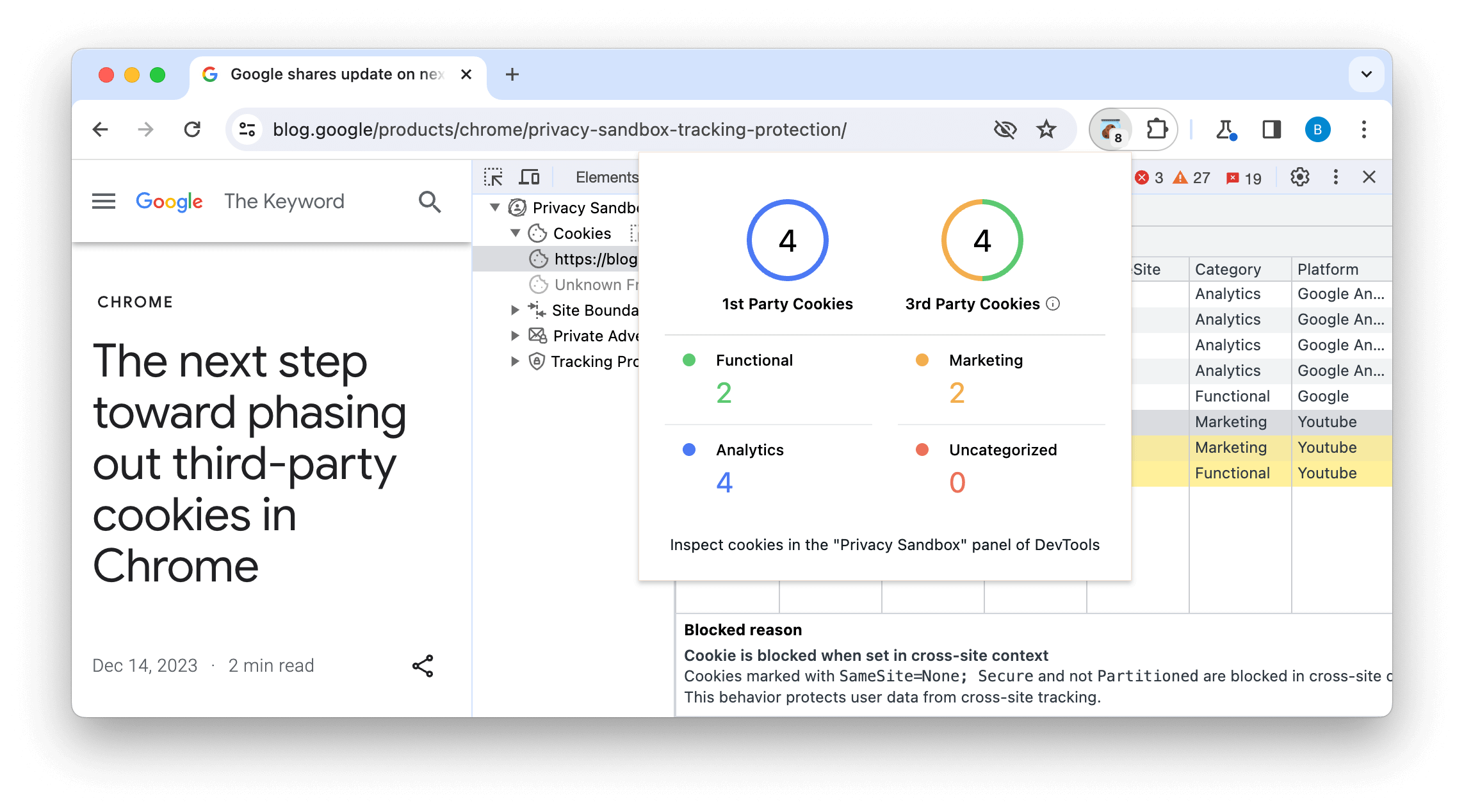 Captura de pantalla de la herramienta de análisis de Privacy Sandbox (PSAT) que muestra la cantidad y los tipos de cookies que se usan en una ventana modal, así como la lista de cookies subyacentes con el motivo por el que se bloquearon.