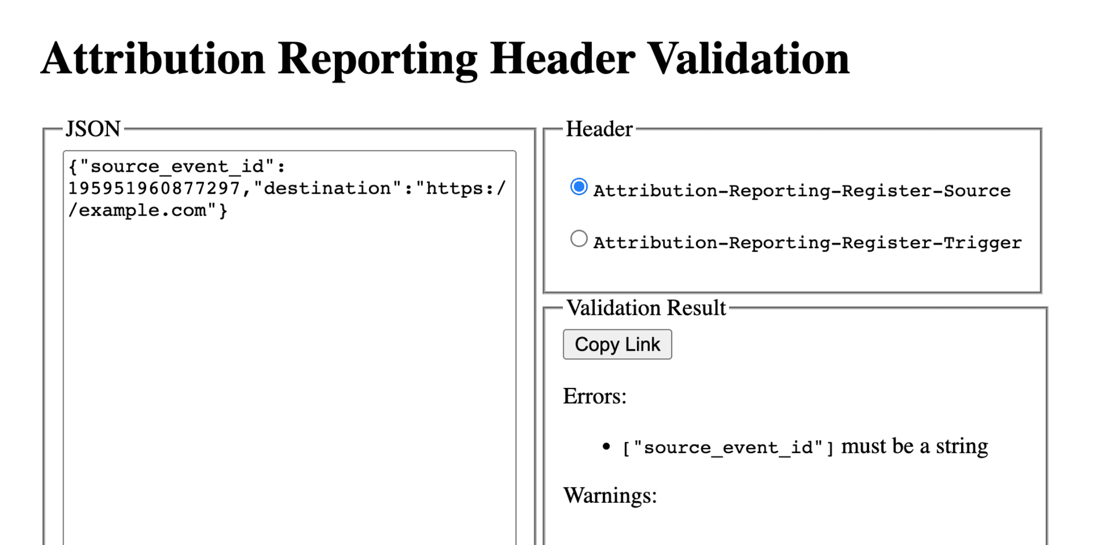 Screenshot: header validation tool
