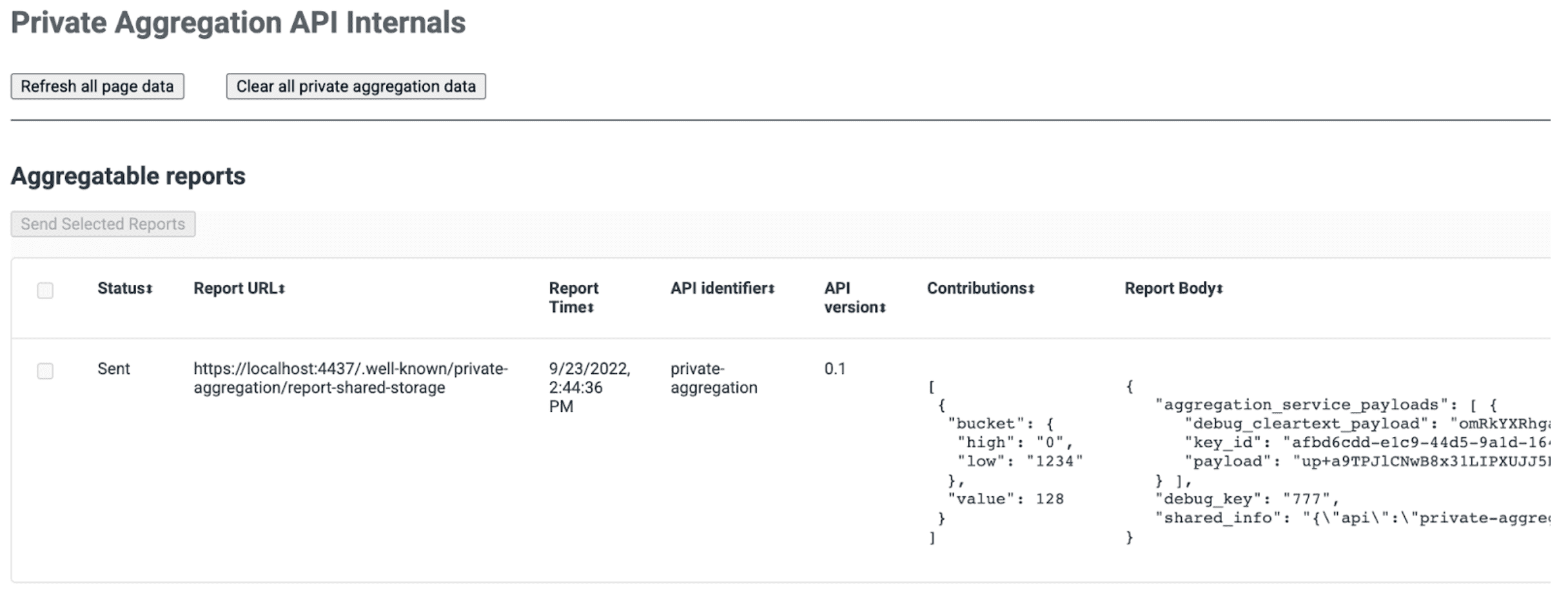 Screenshot della pagina degli elementi interni dell&#39;API Private Aggregation