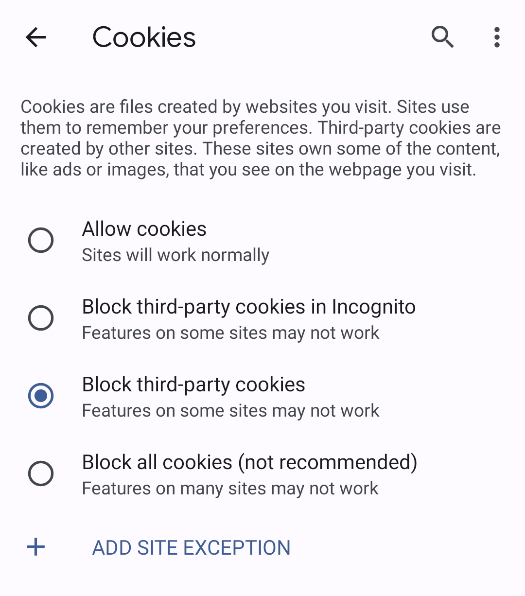 Simule a desativação gradual de cookies de terceiros configurando o Chrome para bloqueá-los.