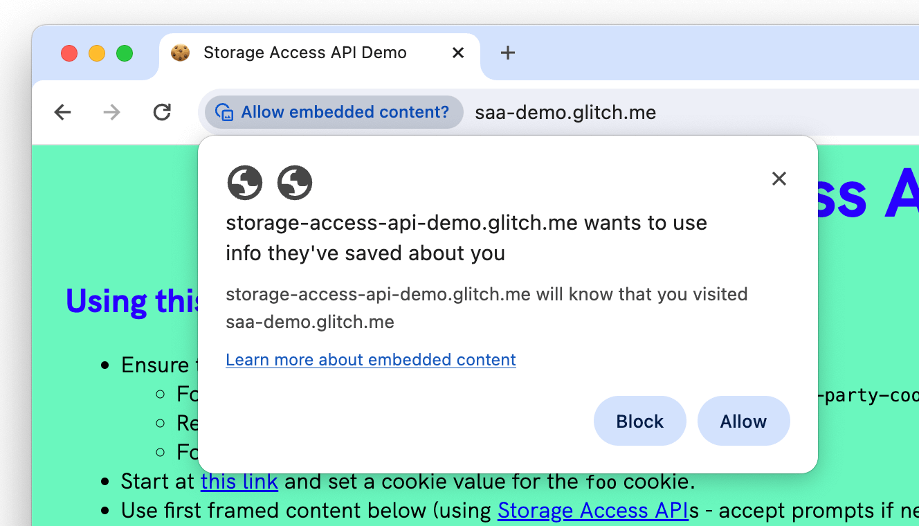 Captura de pantalla de la solicitud de permiso de la API de Chrome Storage Access